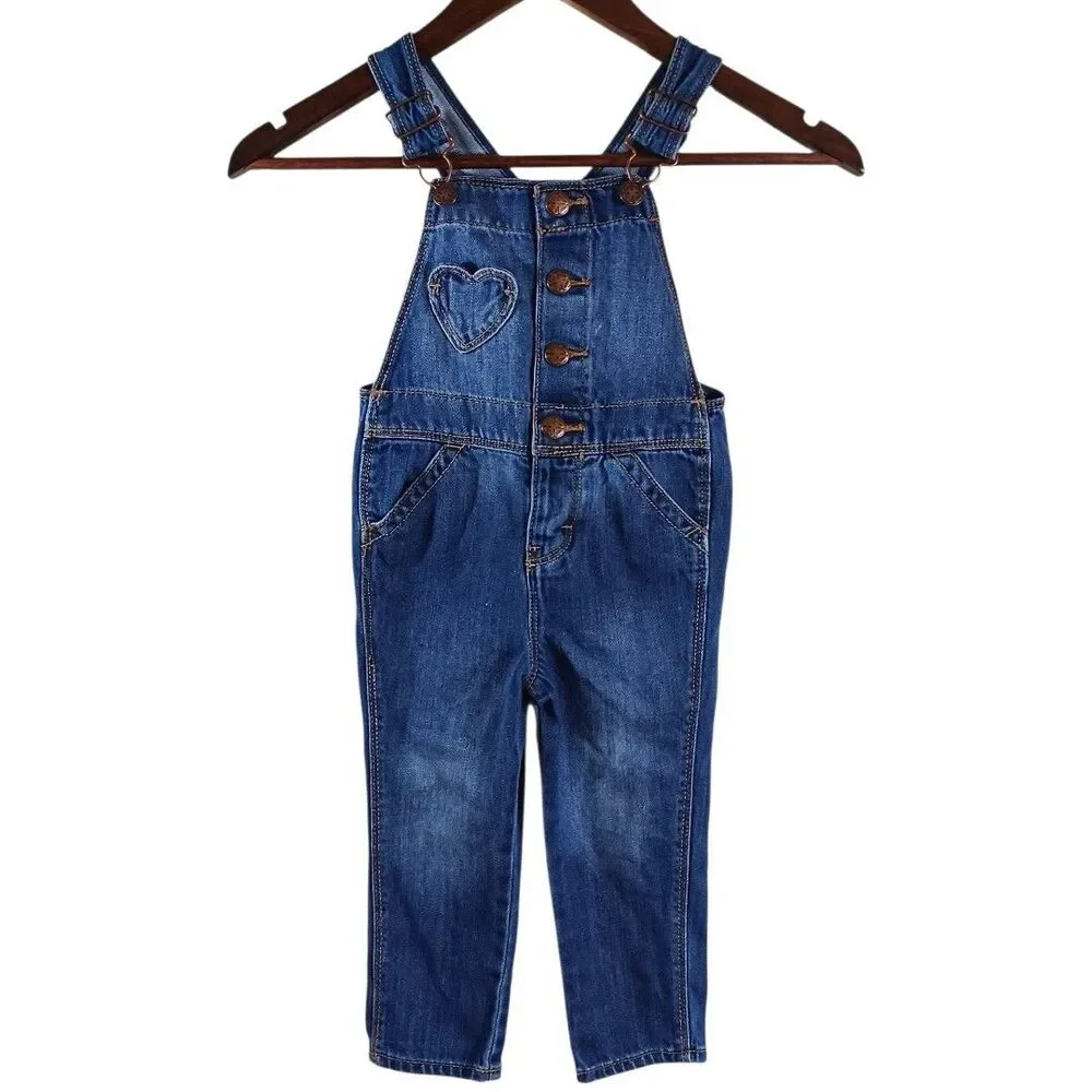 OshKosh B’gosh 2T Girls Denim Jean Bibs Overalls  Heart Pocket Button Cotton